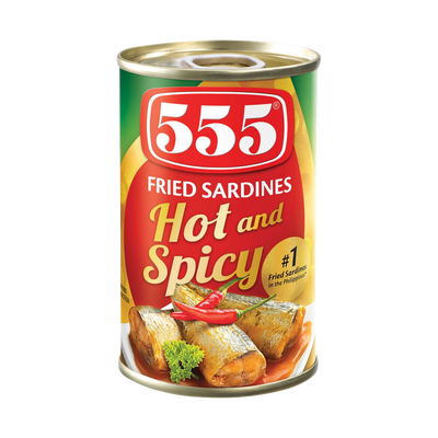 555 Fried Sardines Hot and Spicy can, red/green/gold design