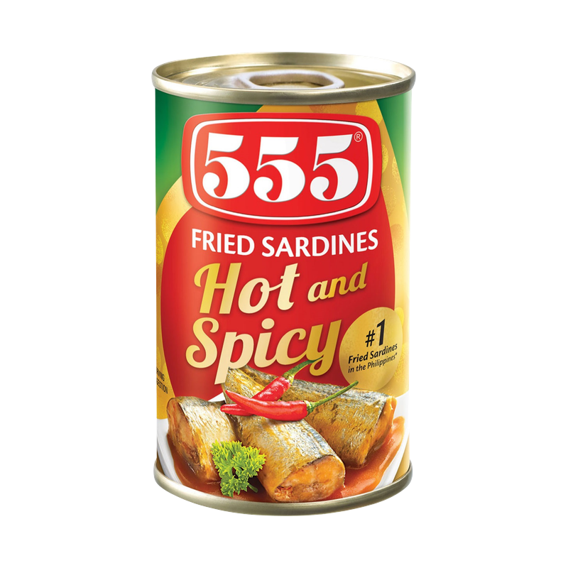 555 Fried Sardines Hot and Spicy can, red/green/gold design