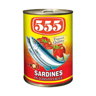 555 Sardines in Tomato Sauce, HOT badge, yellow-to-red gradient can