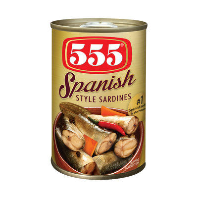 555 Spanish Style Sardines can, retail gold design with '#1 Spanish Sardines in the Philippines' badge
