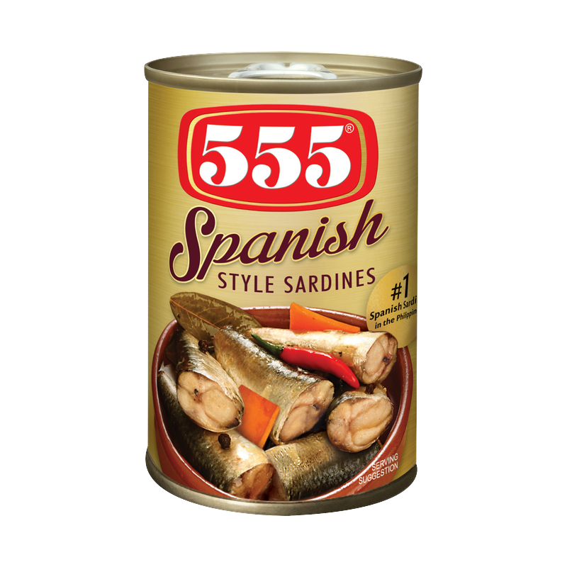 555 Spanish Style Sardines can, retail gold design with '#1 Spanish Sardines in the Philippines' badge