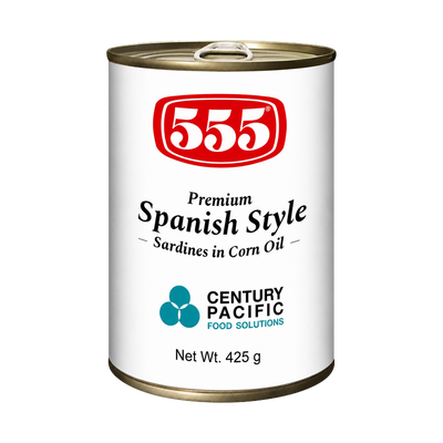555 Premium Spanish Style Sardines in Corn Oil, CPFS Food Solutions co-branded white can, Net Wt. 425 g printed
