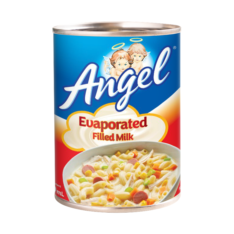 Angel Evaporated Filled Milk can (chicken-macaroni soup serving suggestion)