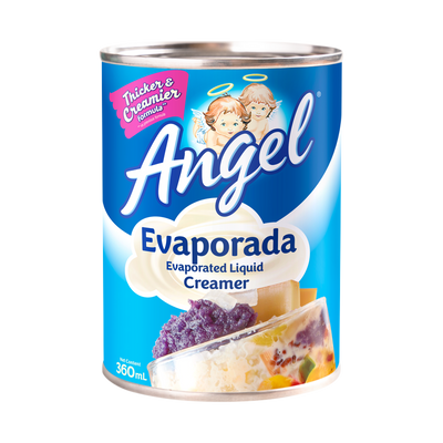 Angel Evaporada Evaporated Liquid Creamer can, 'Thicker & Creamier formula', 360mL