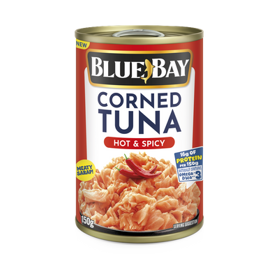 Blue Bay Corned Tuna, Hot & Spicy flavour strip, 150g can, front of pack