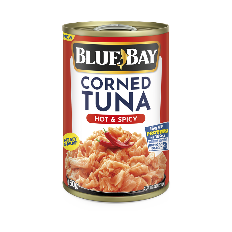 Blue Bay Corned Tuna, Hot & Spicy flavour strip, 150g can, front of pack