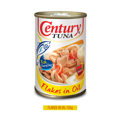 Century Tuna Flakes in Oil, tall narrow can, with 'FLAKES IN OIL 155g' caption printed under the shot
