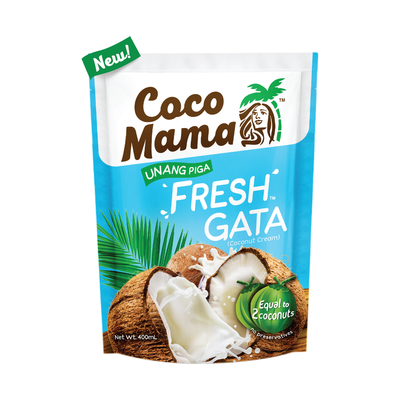 Coco Mama Fresh Gata (Coconut Cream) stand-up pouch, Net Wt 400mL, 'Equal to 2 coconuts', front of pack