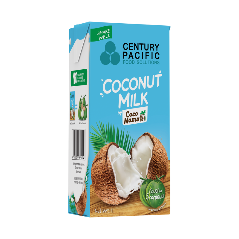 Century Pacific Food Solutions Coconut Milk by Coco Mama, 1L tetra pack, 'Equal to 5 coconuts', 3/4 angle showing front + barcode side panel