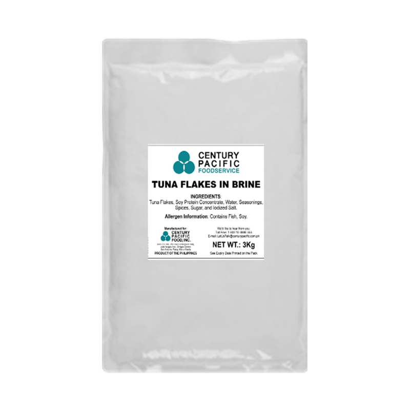 Tuna Flakes in Brine bulk bag, 'Century Pacific Foodservice' branding (no separate Century Tuna logo), ingredients list includes Soy Protein Concentrate, Seasonings, Spices, Sugar; Net Wt. 3Kg