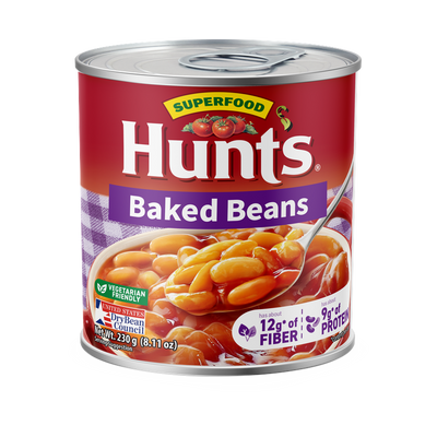 Hunt's Baked Beans can, Net Wt. 230g (8.11oz), '12g fiber / 9g protein' callouts