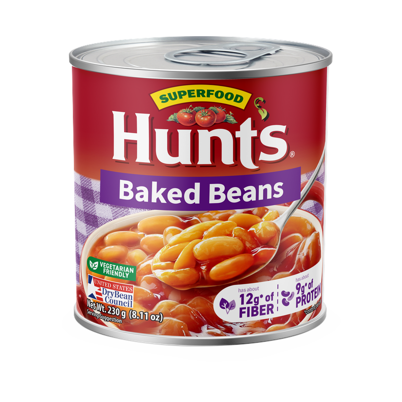 Hunt's Baked Beans can, Net Wt. 230g (8.11oz), '12g fiber / 9g protein' callouts