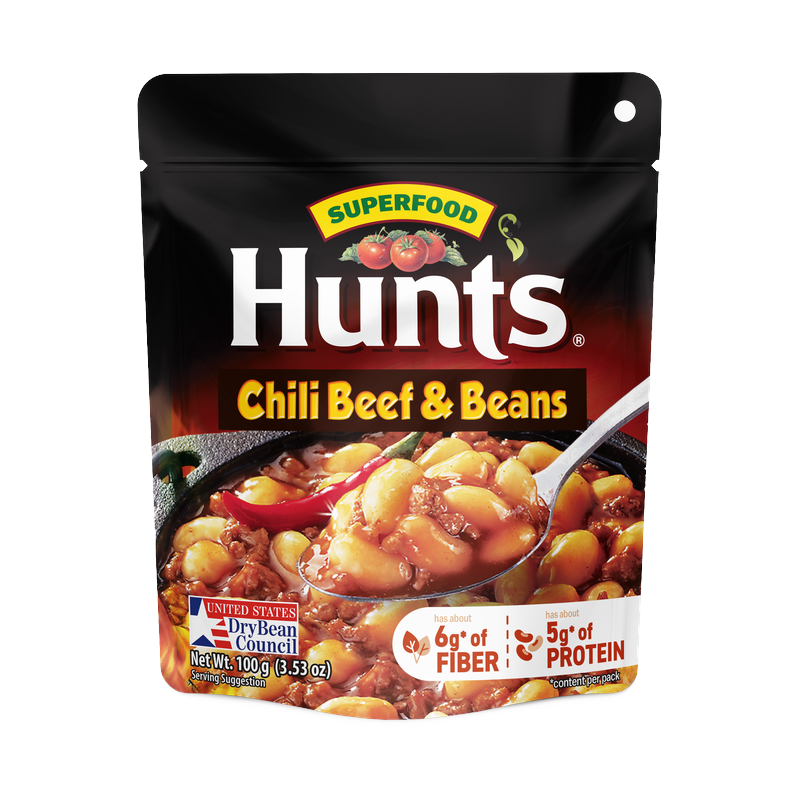 Hunt's Chili Beef & Beans pouch, black design, Net Wt. 100g (3.53oz)