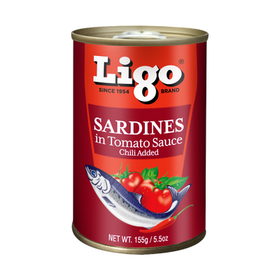 Ligo Sardines in Tomato Sauce, 'Chili Added' banner, red can, 155g/5.5oz