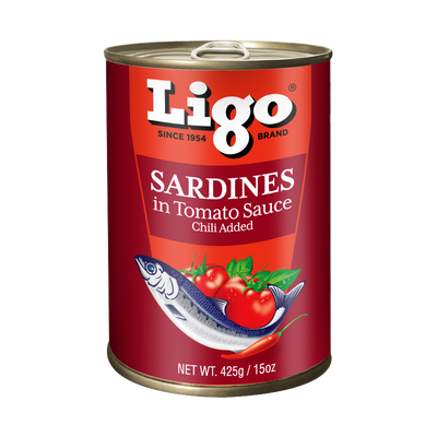 Ligo Sardines in Tomato Sauce, 'Chili Added' banner, red can, 425g/15oz