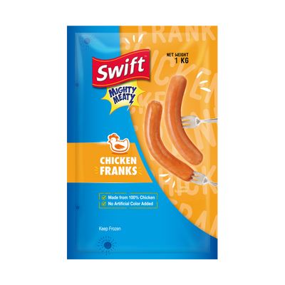 Swift Mighty Meaty Chicken Franks, plain (no 'Jumbo' wording), net weight 1 KG