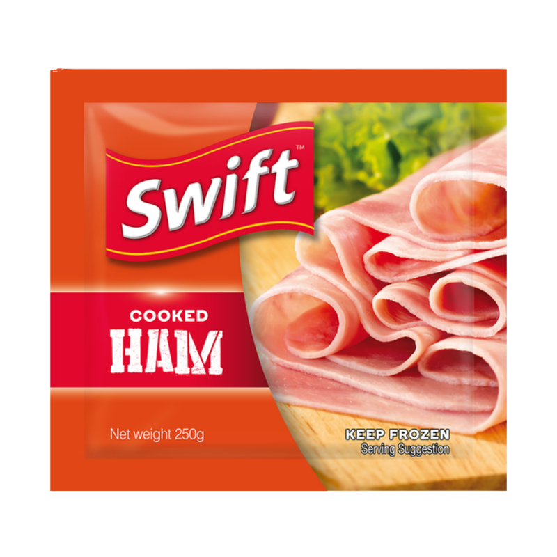 Swift Cooked Ham, sliced deli ham on cutting board, net weight 250g