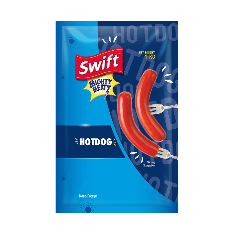Swift Mighty Meaty Hotdog (plain, no 'Classic' wording), blue pack, net weight 1 KG
