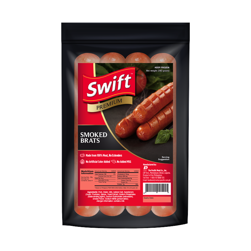 Swift Premium Smoked Brats, black stand-up pouch, net weight 240 grams